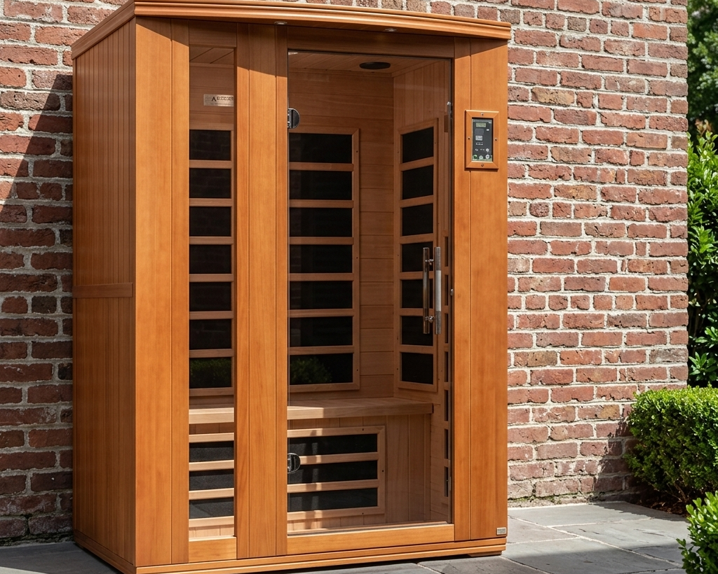 Wooden steam sauna in charleston against a brick wall